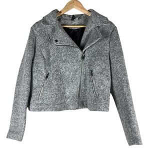 H&M Moto Biker Jacket Womens 12 Gray Bouclé Knit Asymmetrical Zip Cropped Modern